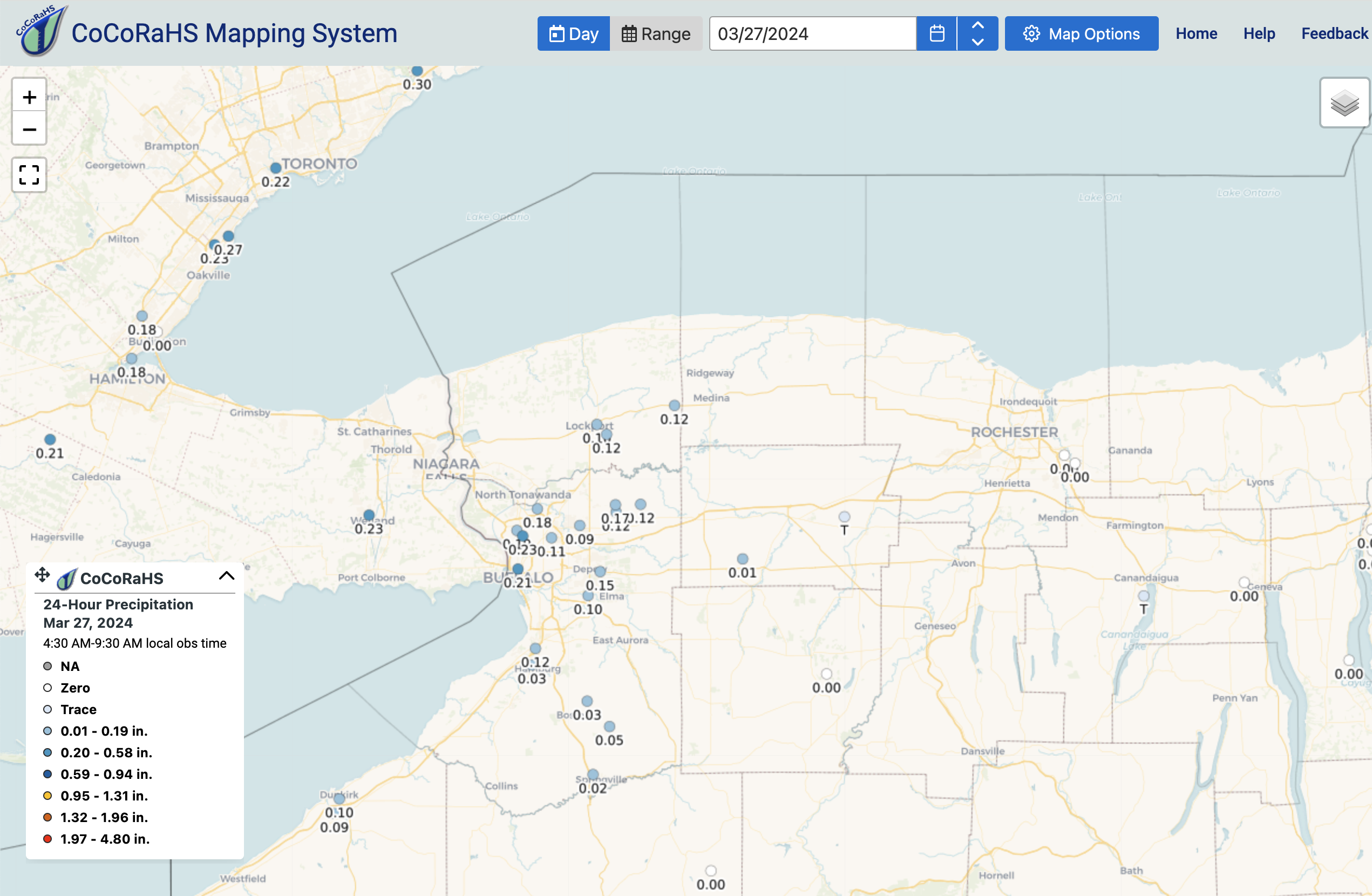 Map of CoCoRaHS locations in WNY.